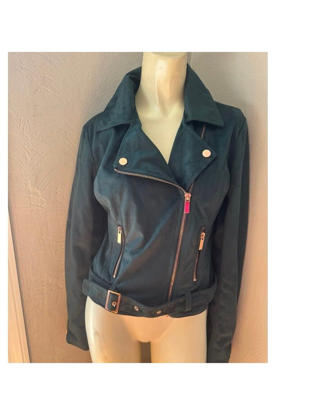 Wildflower Emerald Green Faux Suede Moto Jacket, Gold Hardware xs